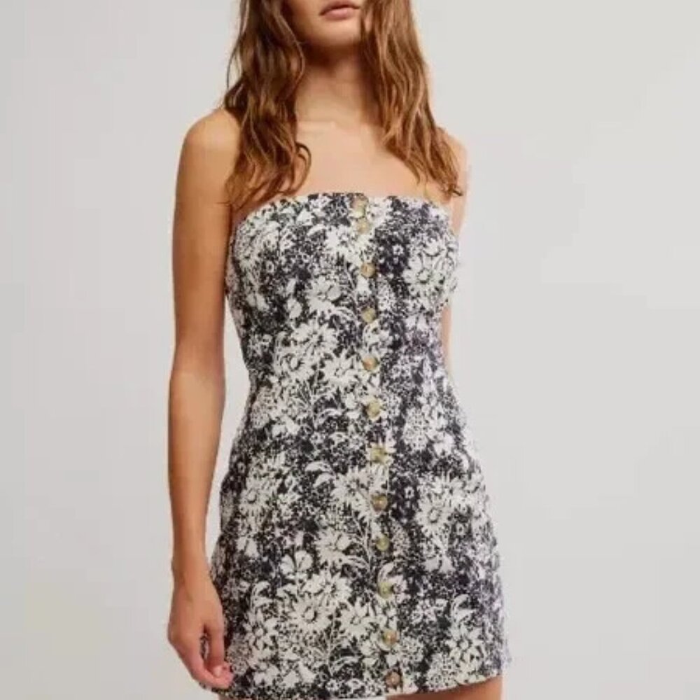 Free People Black and White Floral Strapless Mini Dress